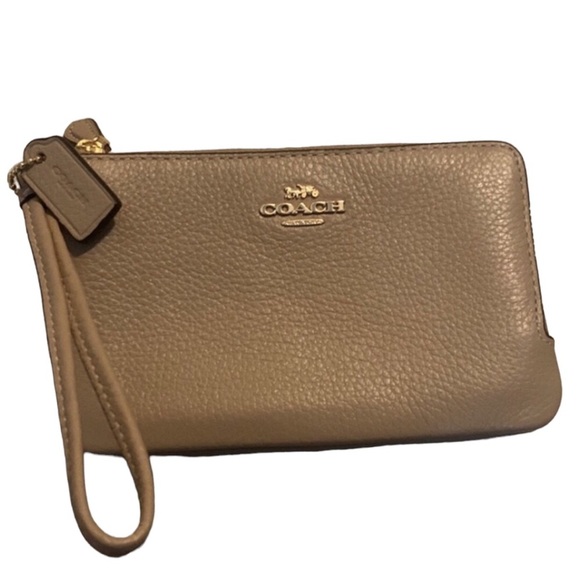 Coach Double Corner Zip Wristlet in taupe/gold - Picture 2 of 11